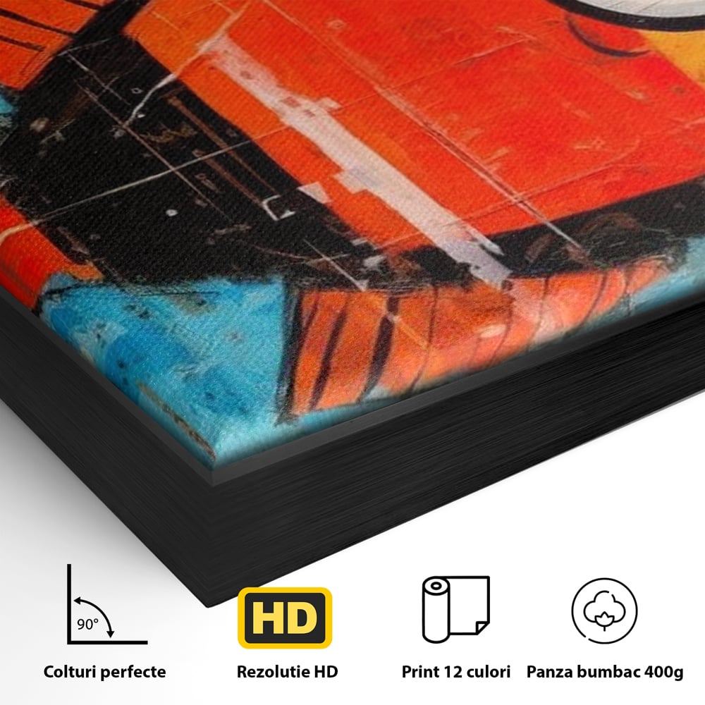 Detaliu al suprafetei: tablou canvas cu peste stilizat in stil pop art, in rama de aluminiu negru